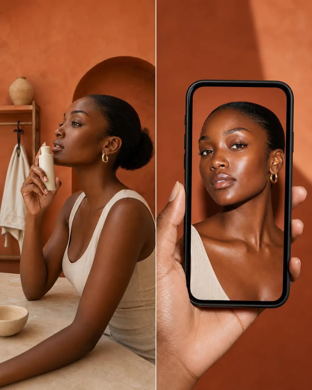 Side-by-side scene, portrait 4:5. Calibrated iron oxides cancel optical zinc bounce, delivering true-to-tone protection that stays invisible under direct camera flash.