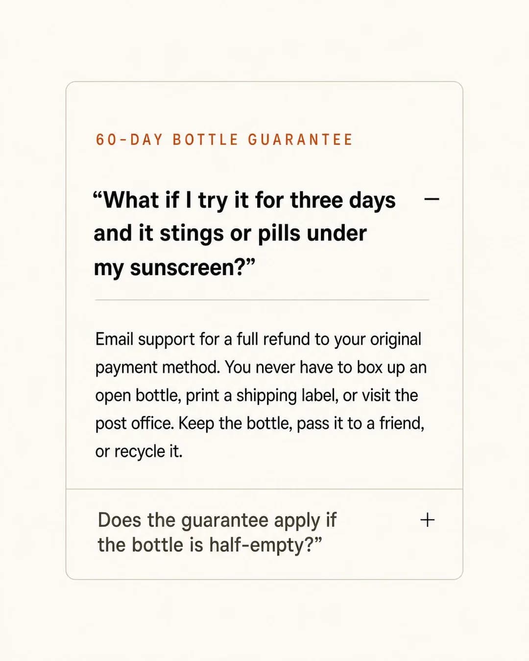 FAQ / objection-handling card, portrait 4:5. If it stings or pills, email support for a total refund without returning the opened bottle.