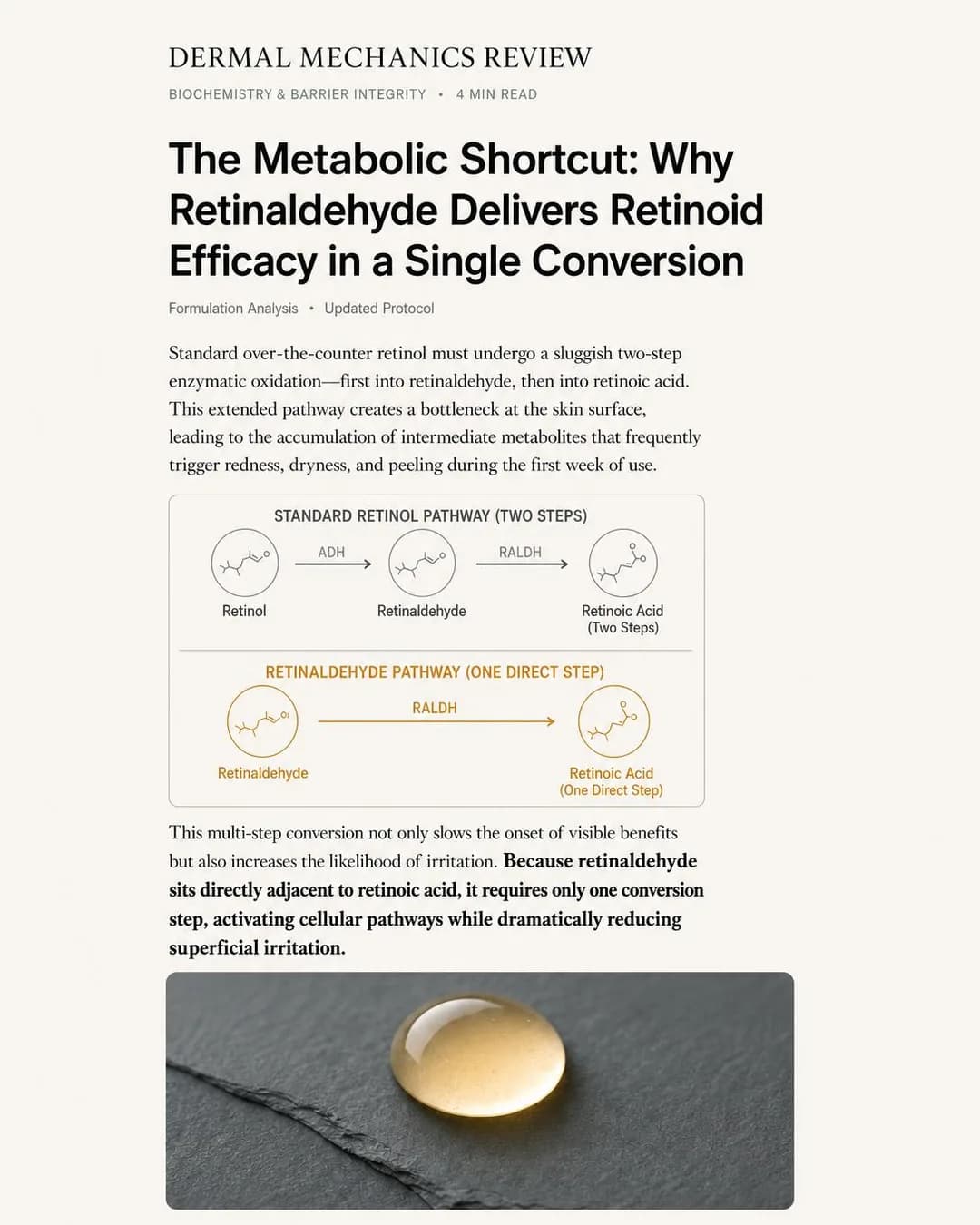 Science article, portrait 4:5. One direct conversion step accelerates cellular renewal without causing the superficial irritation typical of standard drugstore formulas.