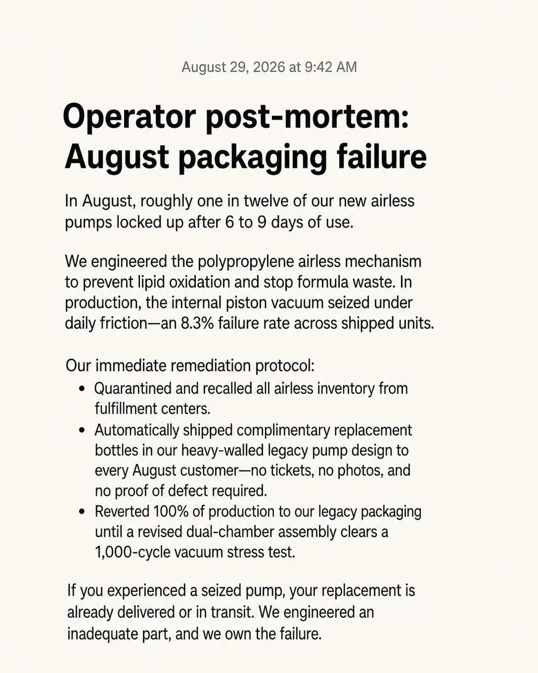 iPhone Notes screenshot, portrait 4:5. We engineered an airless bottle to shield lipids, misjudged mechanical friction, and immediately restored our proven legacy design.