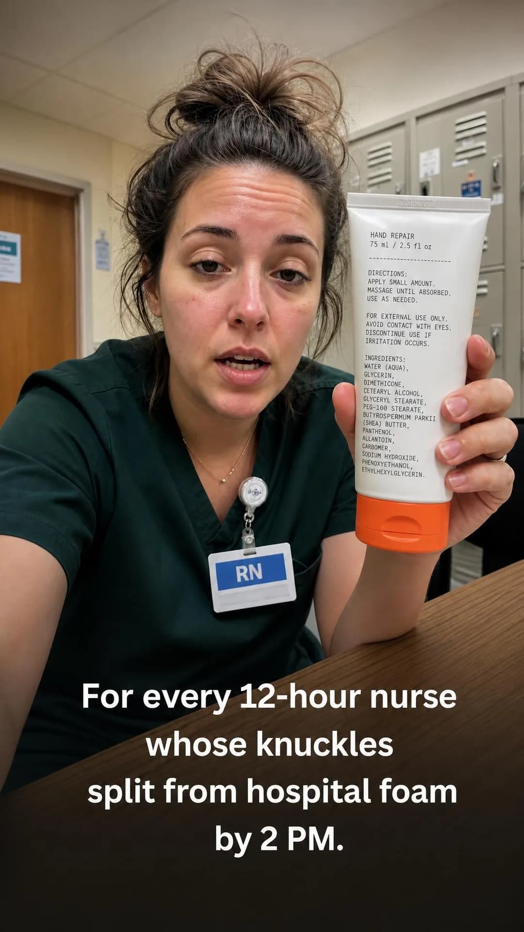 UGC video-still with caption overlay, portrait 9:16. Honors clinical dedication with a grease-free formula engineered to keep hands intact through constant sanitizer cycles.