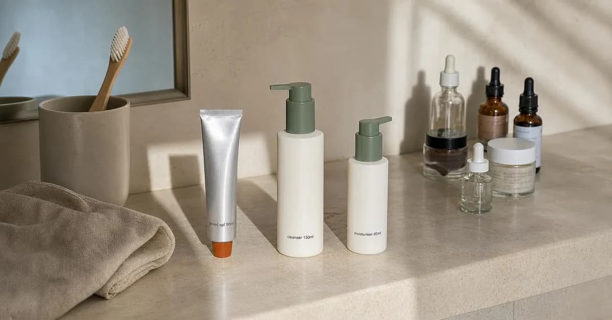 Shelfie, landscape 1.91:1. Trade a chaotic counter for three synchronized essentials that keep your skin barrier calm and predictably balanced.