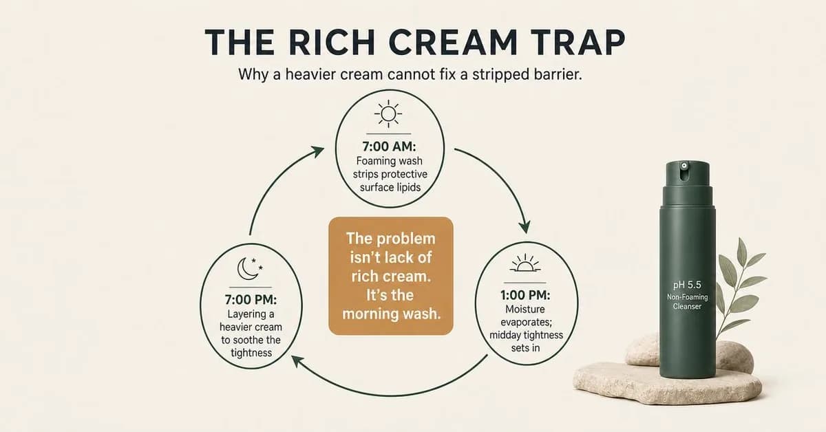 Diagram / explainer, landscape 1.91:1. Layering heavier face creams cannot fix the lipid barrier that harsh morning foaming surfactants strip away daily.