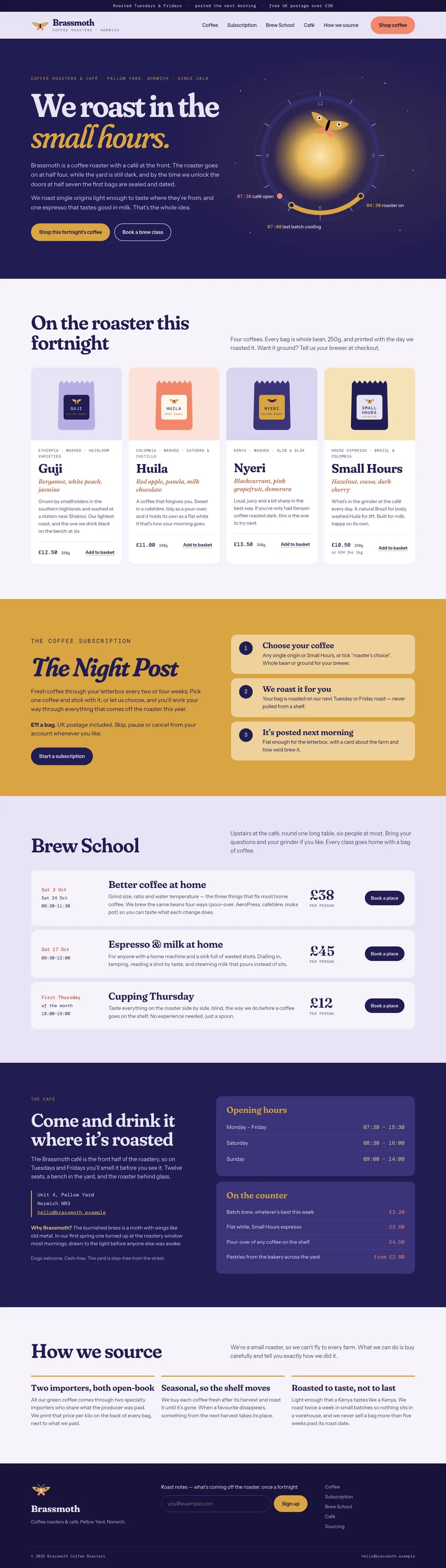 Full-page screenshot of the Brassmoth Coffee Roasters website: An invented independent coffee roaster and café in Norwich: roasts its own single origins before dawn, sells 250g bags and a subscription, runs Saturday home-brewing classes.
