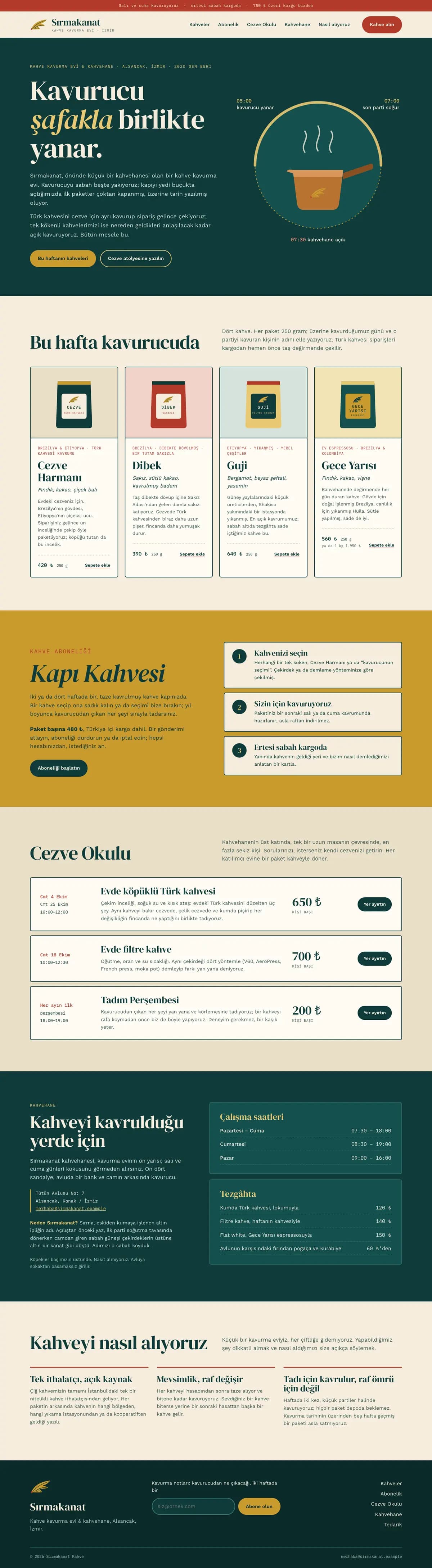 Sırmakanat Kahve web sitesinin tam sayfa ekran görüntüsü: İzmir Alsancak'ta hayal ürünü, bağımsız bir kahve kavurma evi ve kahvehane: kahvesini şafakta kavurur, sipariş üzerine Türk kahvesi çeker, 250 g paketler ve abonelik satar, cumartesileri cezve atölyesi düzenler.