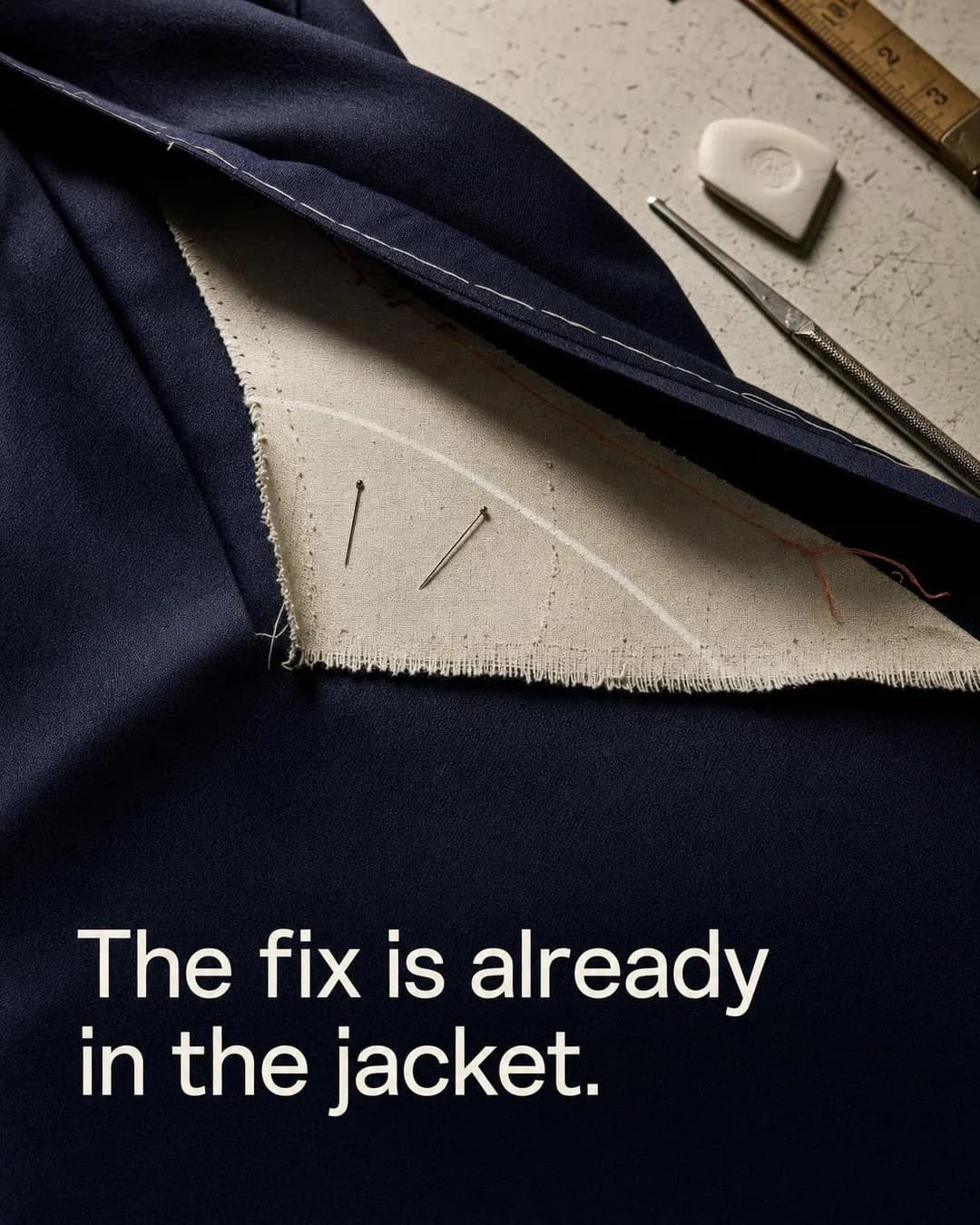 Close-up of a navy suit jacket opened at the seam on a workshop table, revealing cream canvas interfacing pinned with white chalk tailoring lines. A block of tailor's chalk, a metal awl, and a brass-hinged wooden ruler rest nearby. White text across the lower portion reads: The fix is already in the jacket.