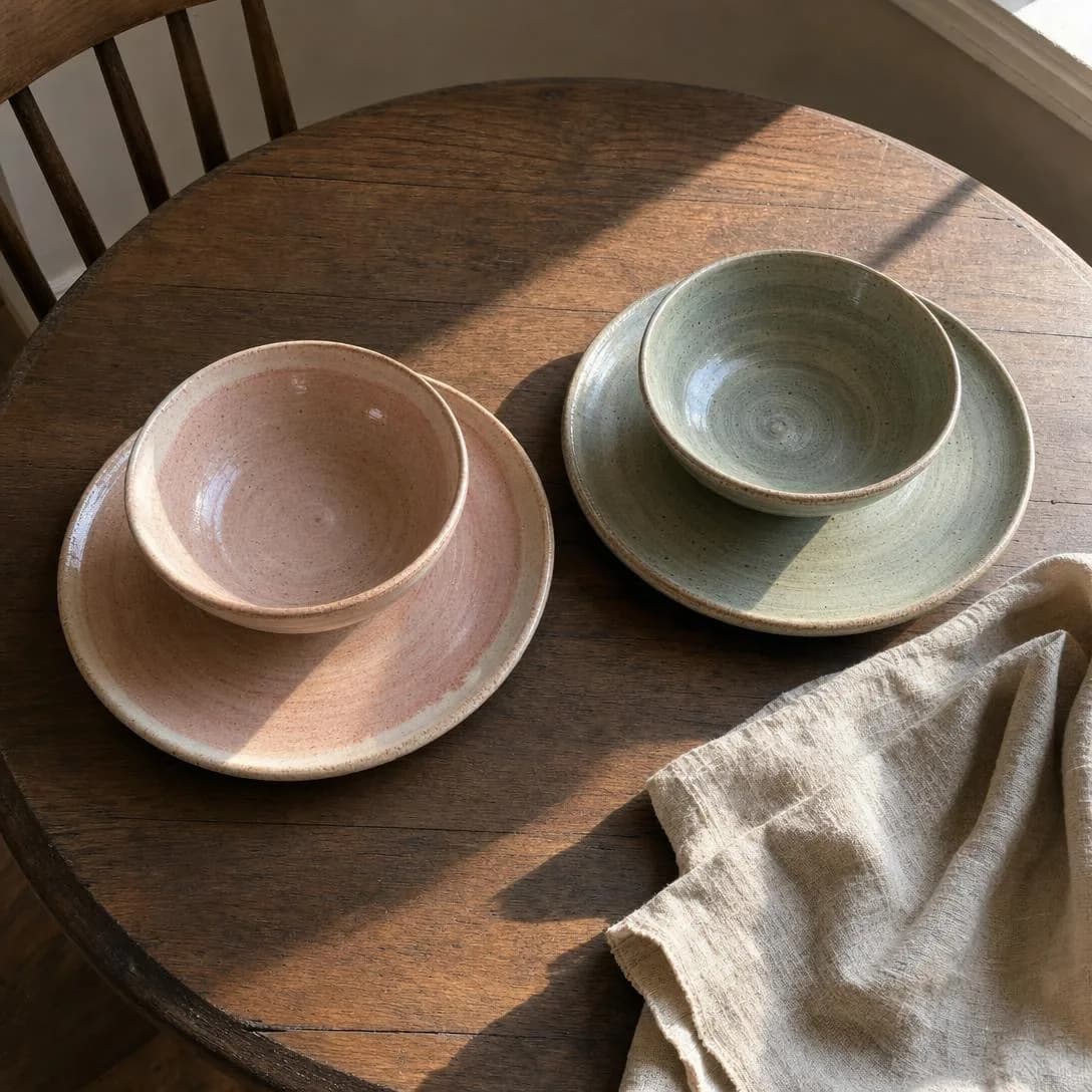 A handheld iPhone photo taken from a standing overhead angle, slightly tilted and imperfect, looking down at a small round wooden dining table set for two people in a real home kitchen.
