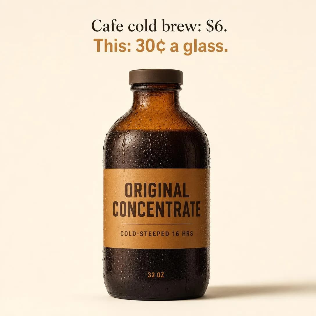 A studio-clean packaging hero shot, shot straight-on and centered, of a single 32 oz amber glass bottle of cold brew concentrate standing on a seamless flat background in soft cream #F5EFE6.