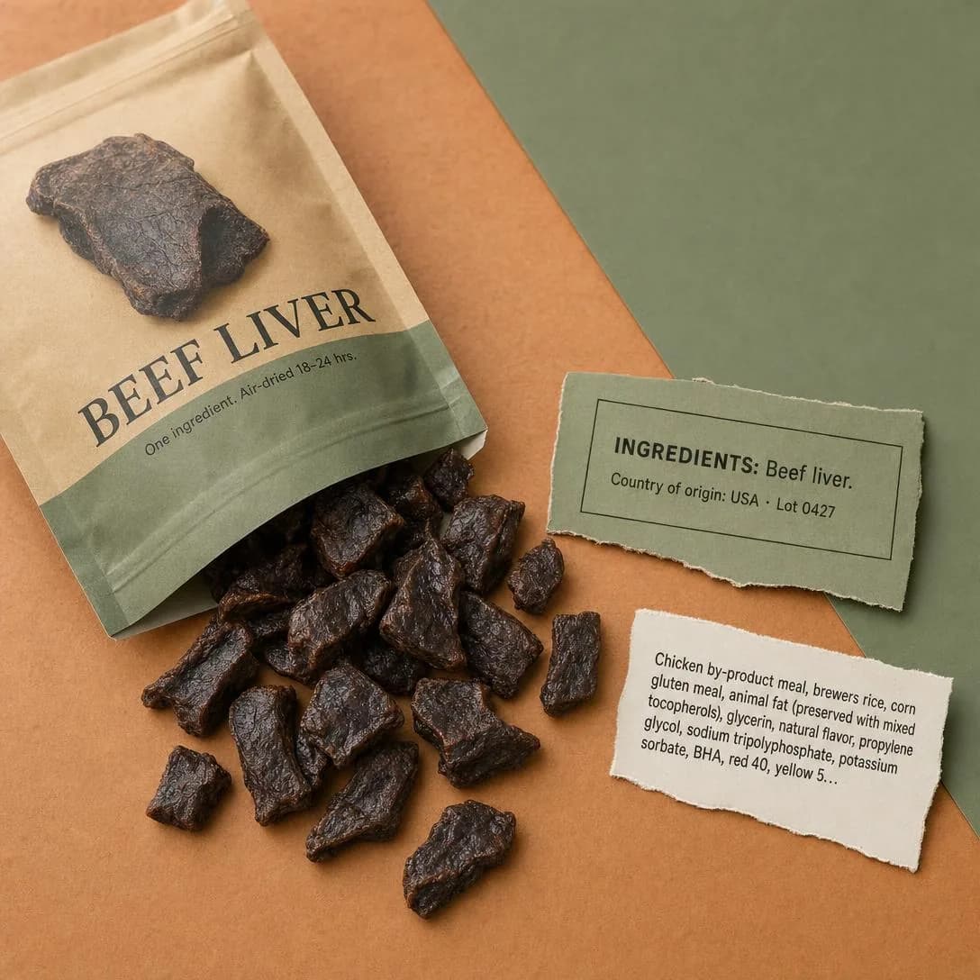 An overhead flat-lay photograph, shot straight down onto a warm clay-toned countertop in the accent color #C97B4A, styled like the moment right after opening a bag of single-ingredient dog treats.