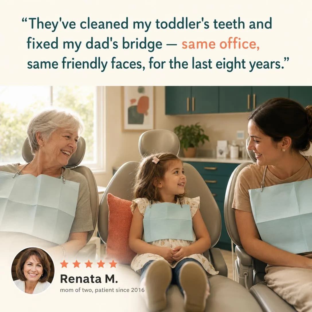A testimonial quote card for a neighborhood family dental practice, square 1:1, on a warm off-white background (#FBF6EF) with generous whitespace.