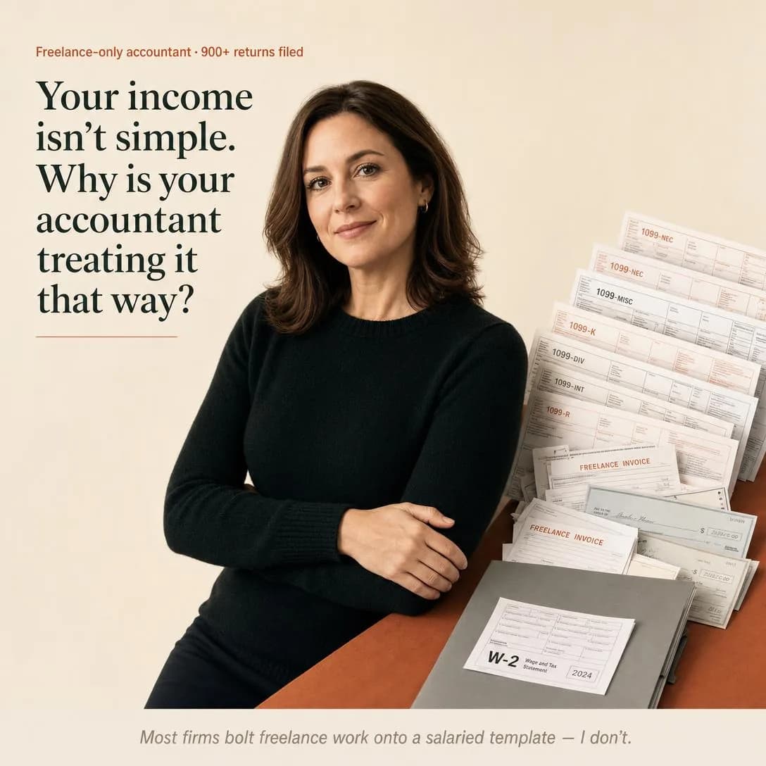 An expert / authority portrait, square 1:1, of a credible independent accountant photographed against a restrained studio backdrop in warm cream (#F5EFE6).