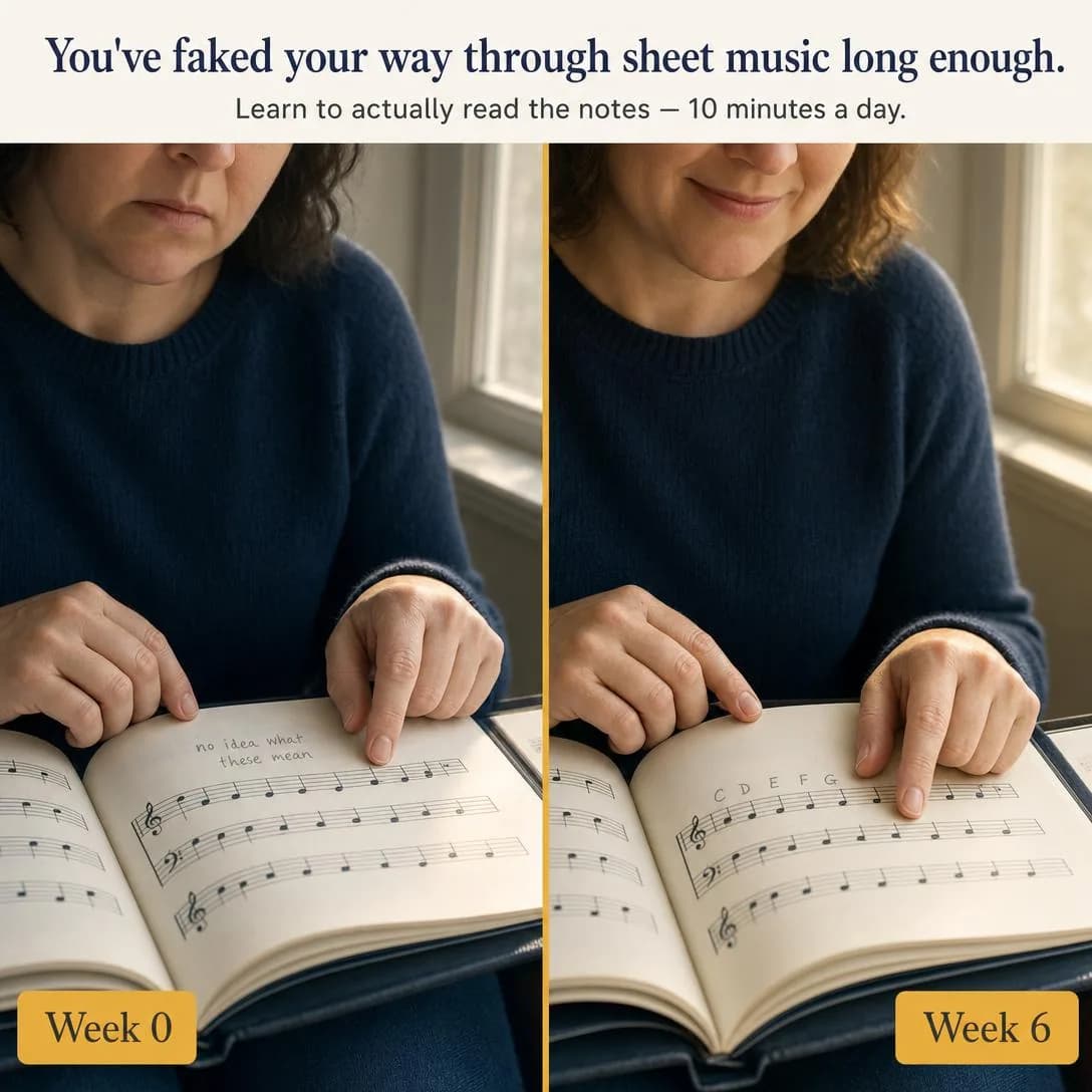A before/after split image, divided vertically down the middle into two equal halves, same subject and same warm window lighting on both sides — an adult's hands resting on an open choir folder of sheet music, wearing a…